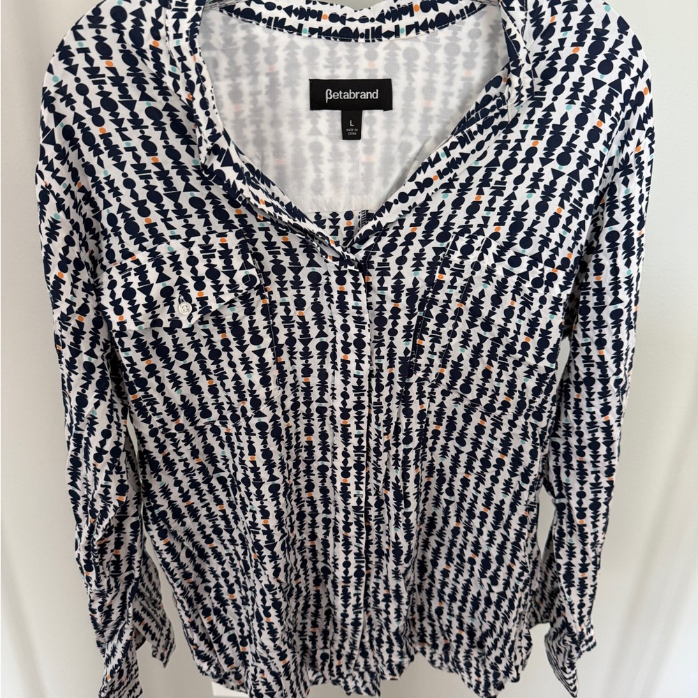 8. Betabrand Navy and White Button Down Shirt
